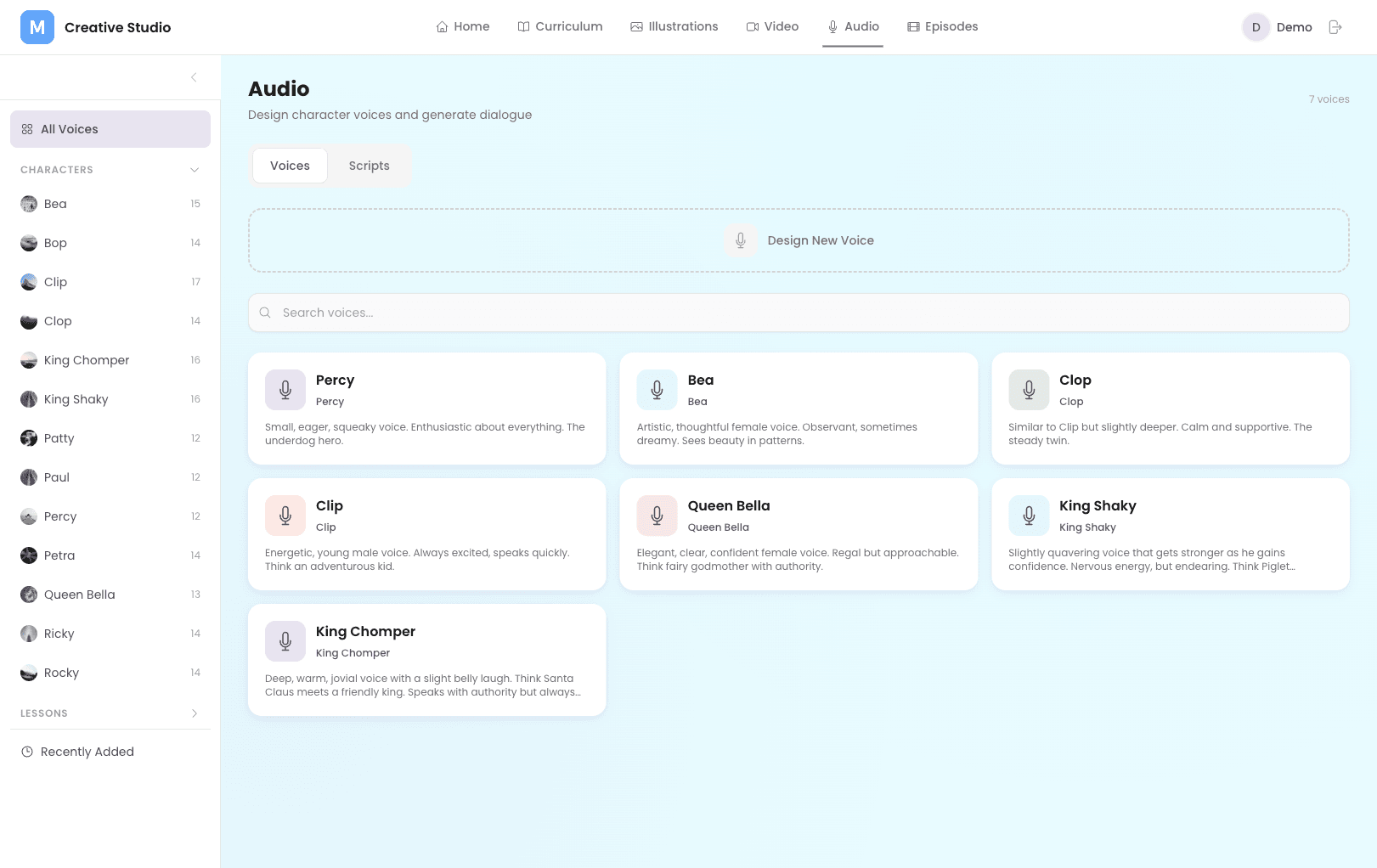 Audio — Character voice design and dialogue generation
