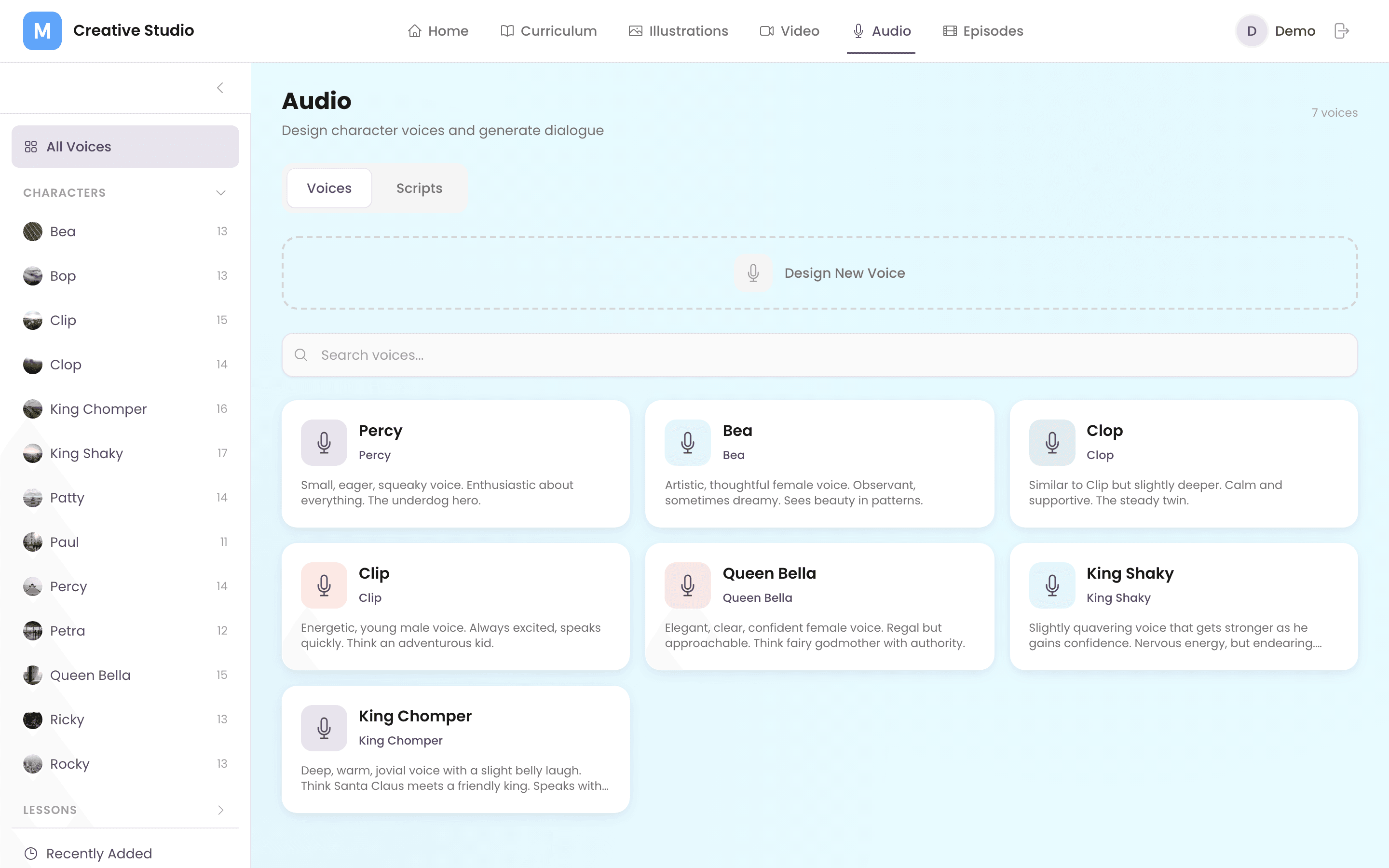 Audio — character voice design and dialogue generation