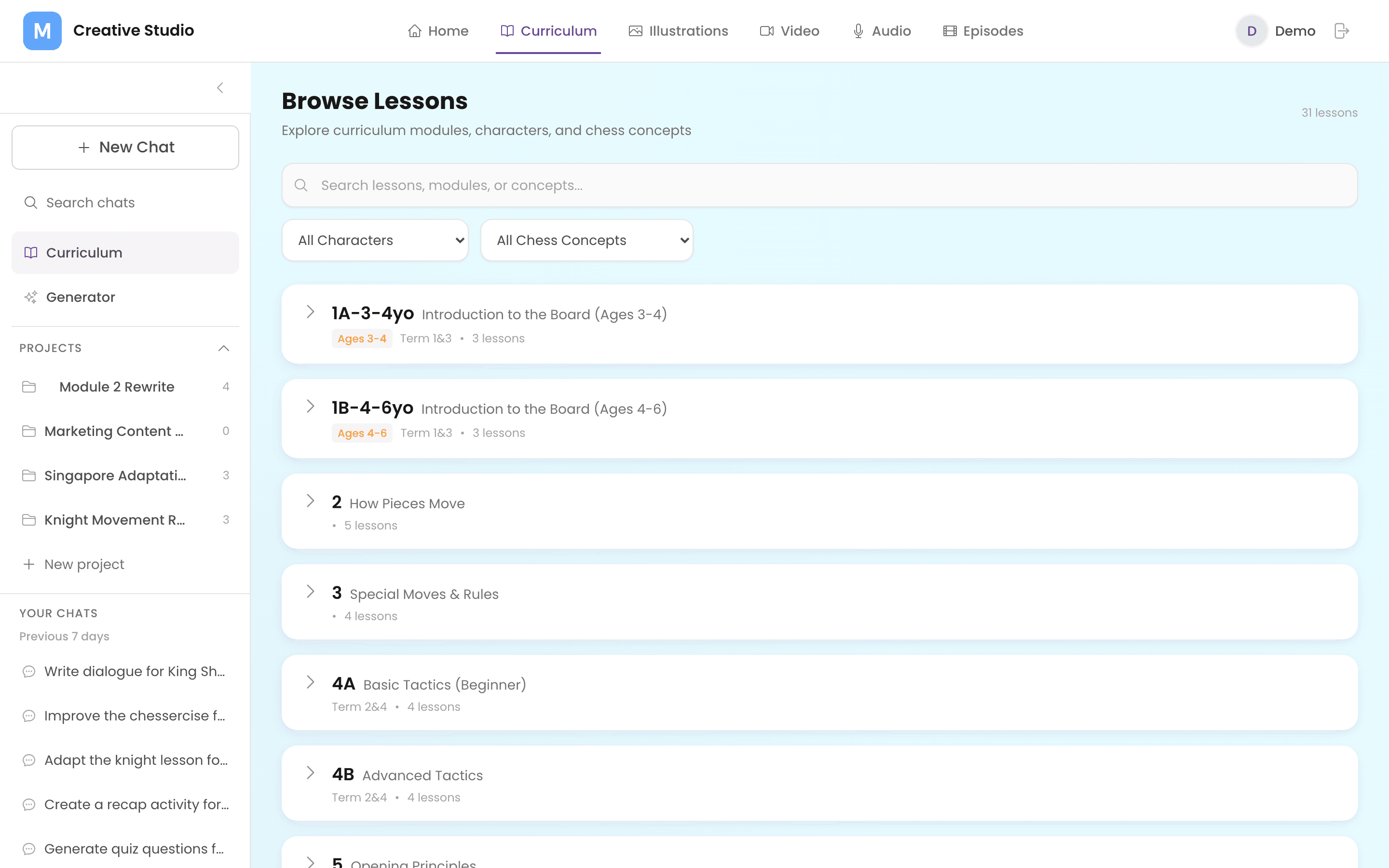 Curriculum — module browser spanning 31 lessons across 8 modules