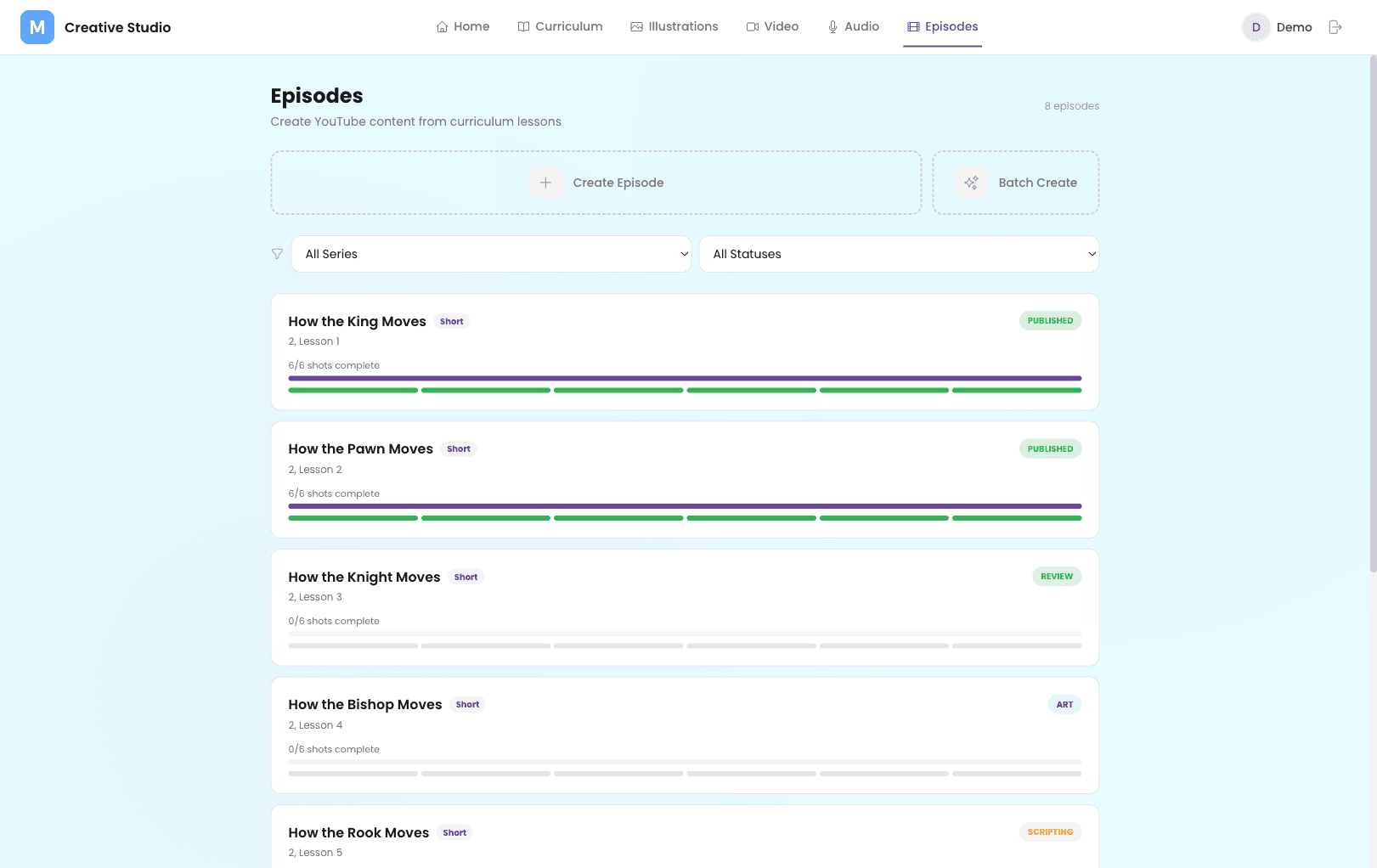 Episodes — YouTube content pipeline with shot-by-shot production tracking