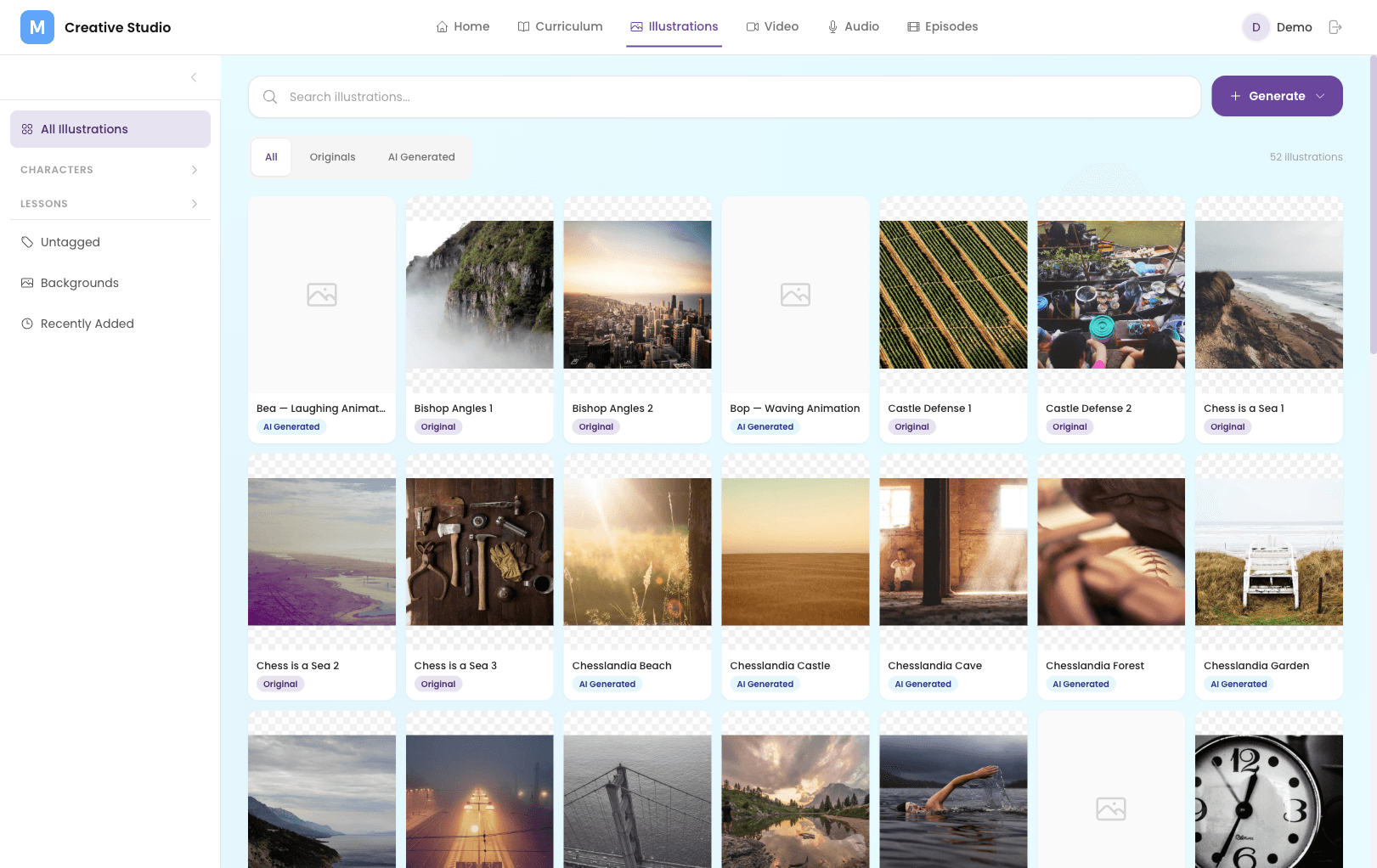 Illustrations — AI-generated and original art gallery with character tagging