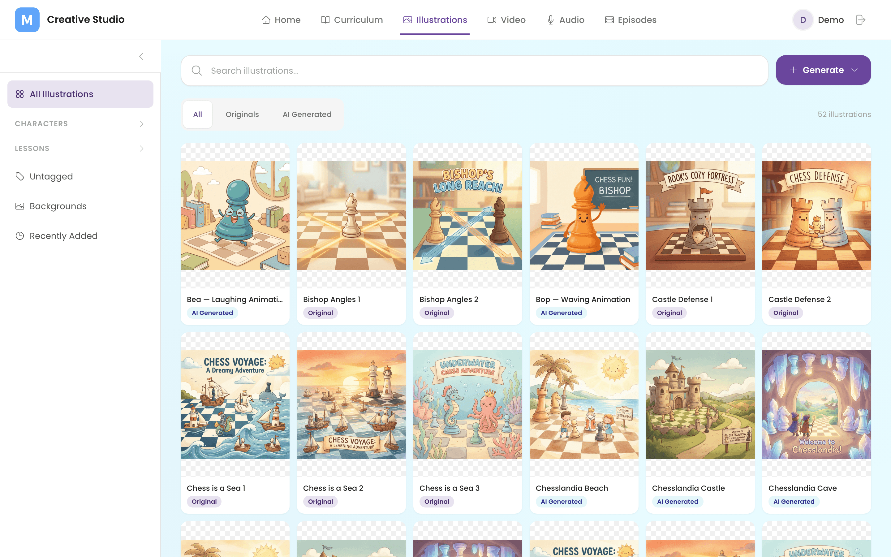 Illustrations — AI-generated and original art gallery with character tagging