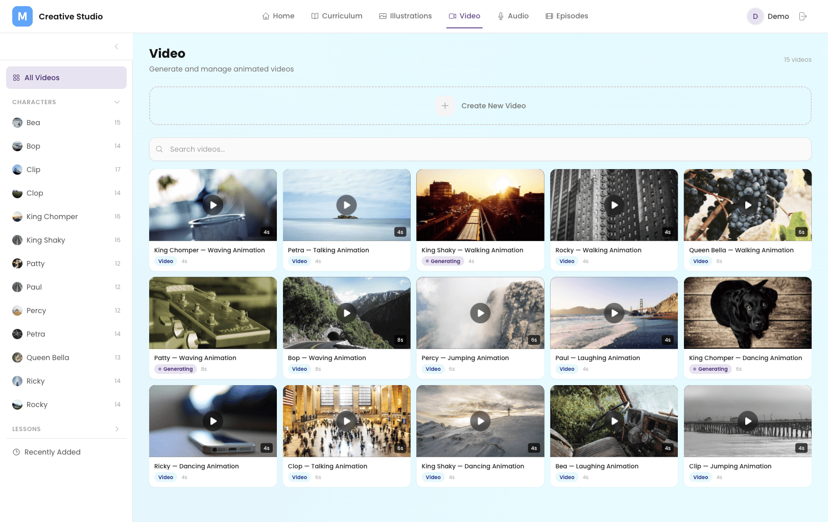 Video — Animated character videos with generation pipeline