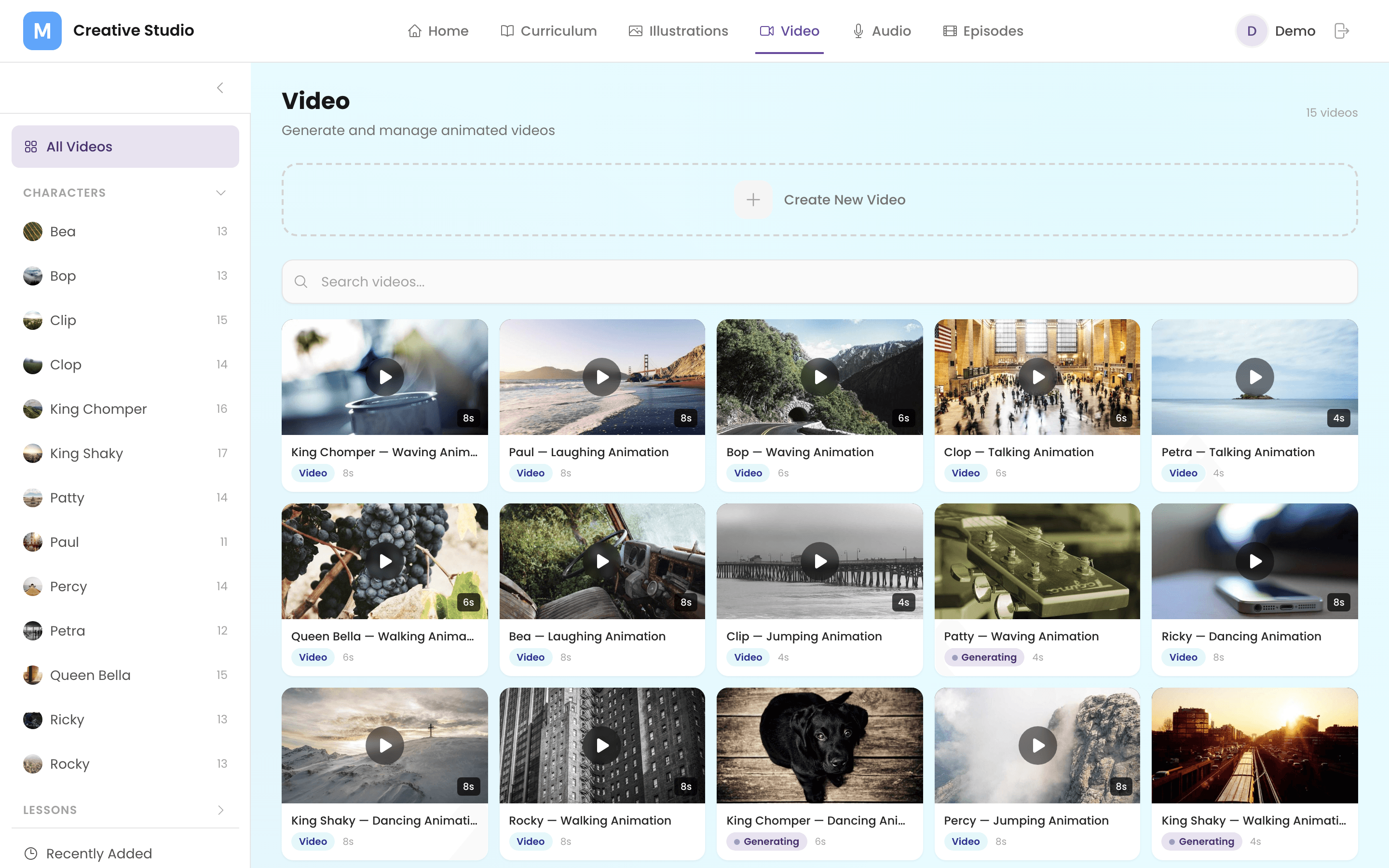 Video — animated character clips with a generation pipeline