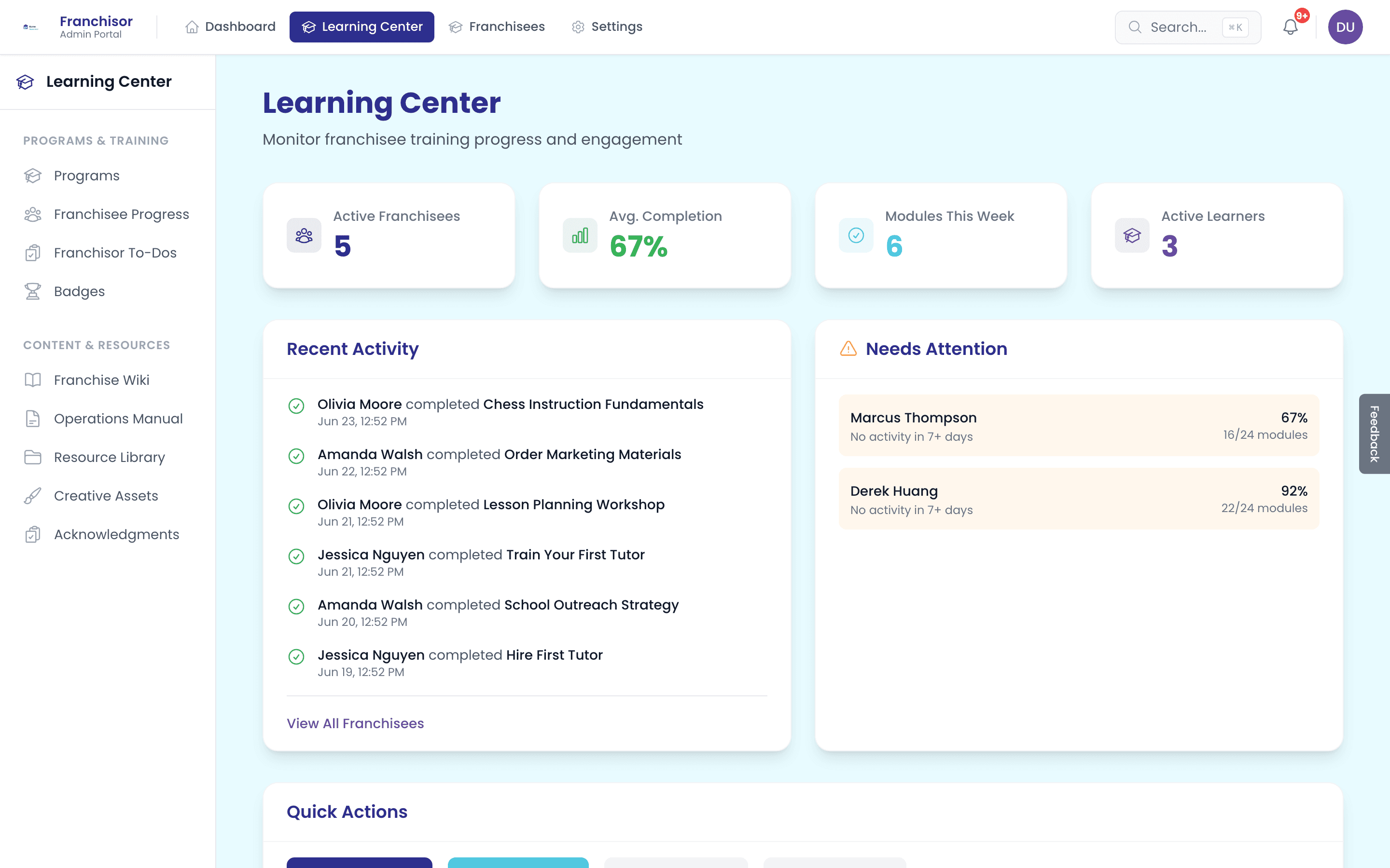 Learning Center — onboarding and training for new franchisees