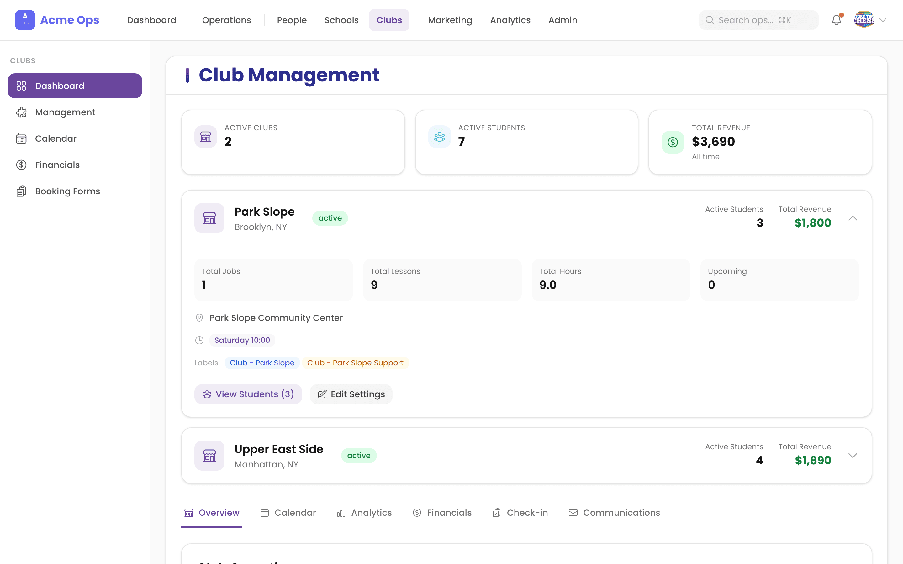 Clubs — per-location revenue, enrollment, and session tracking