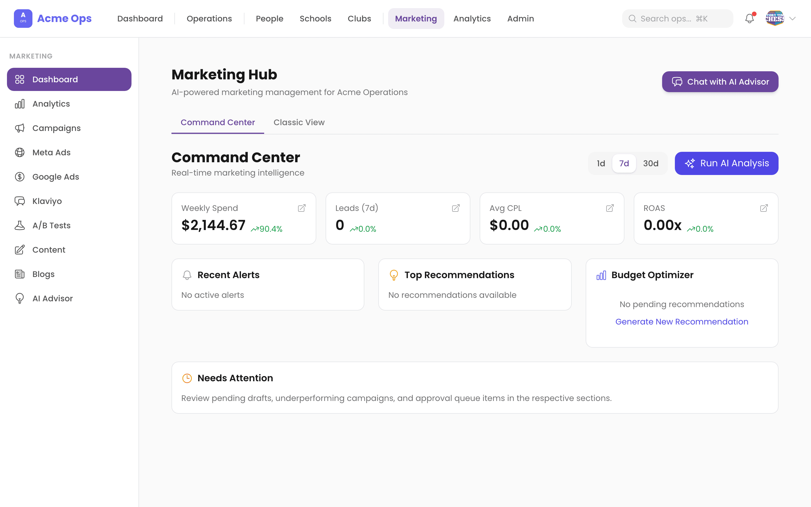 Marketing — AI-powered command center with ad spend analytics and content calendar