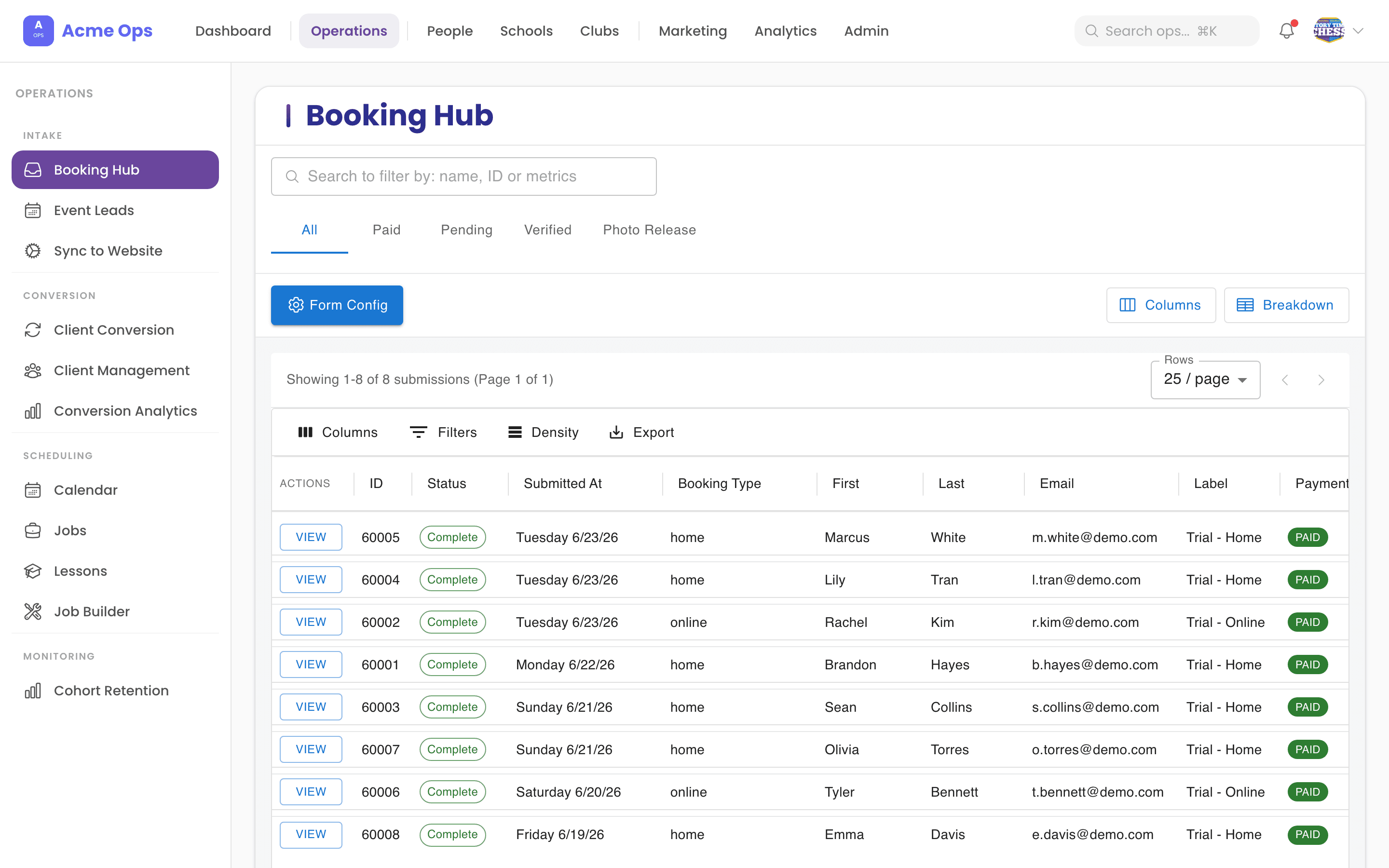 Booking Hub — booking submissions feeding the multi-stage client-conversion pipeline