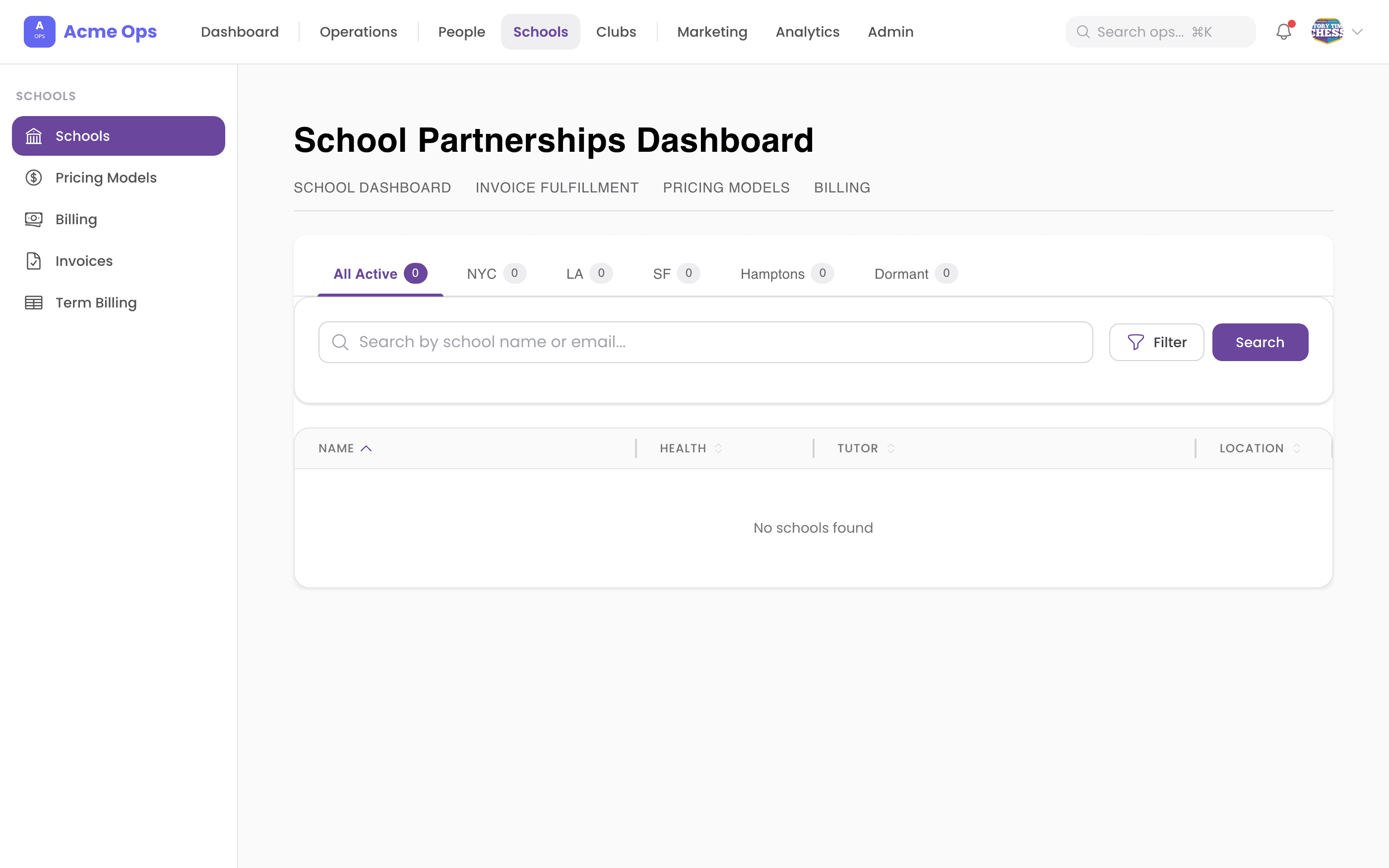 Schools — Partnership dashboard with billing, invoices, and term tracking