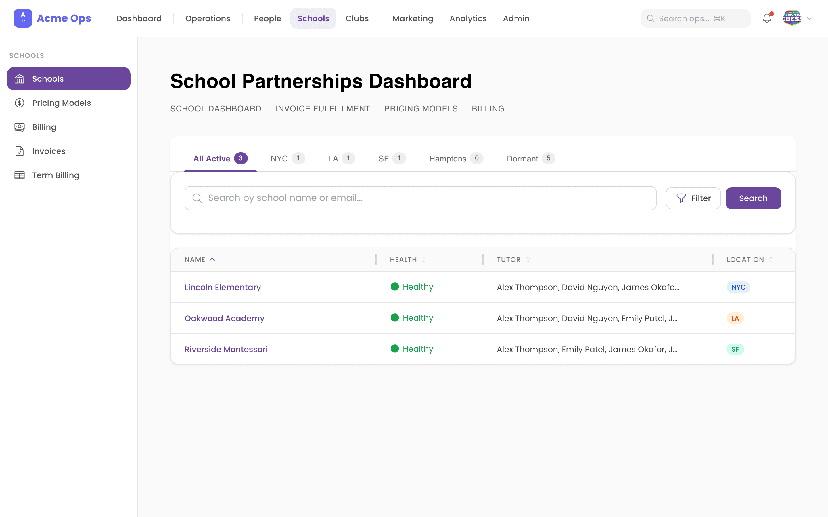 Schools — partnership dashboard with health, markets, billing, and term tracking