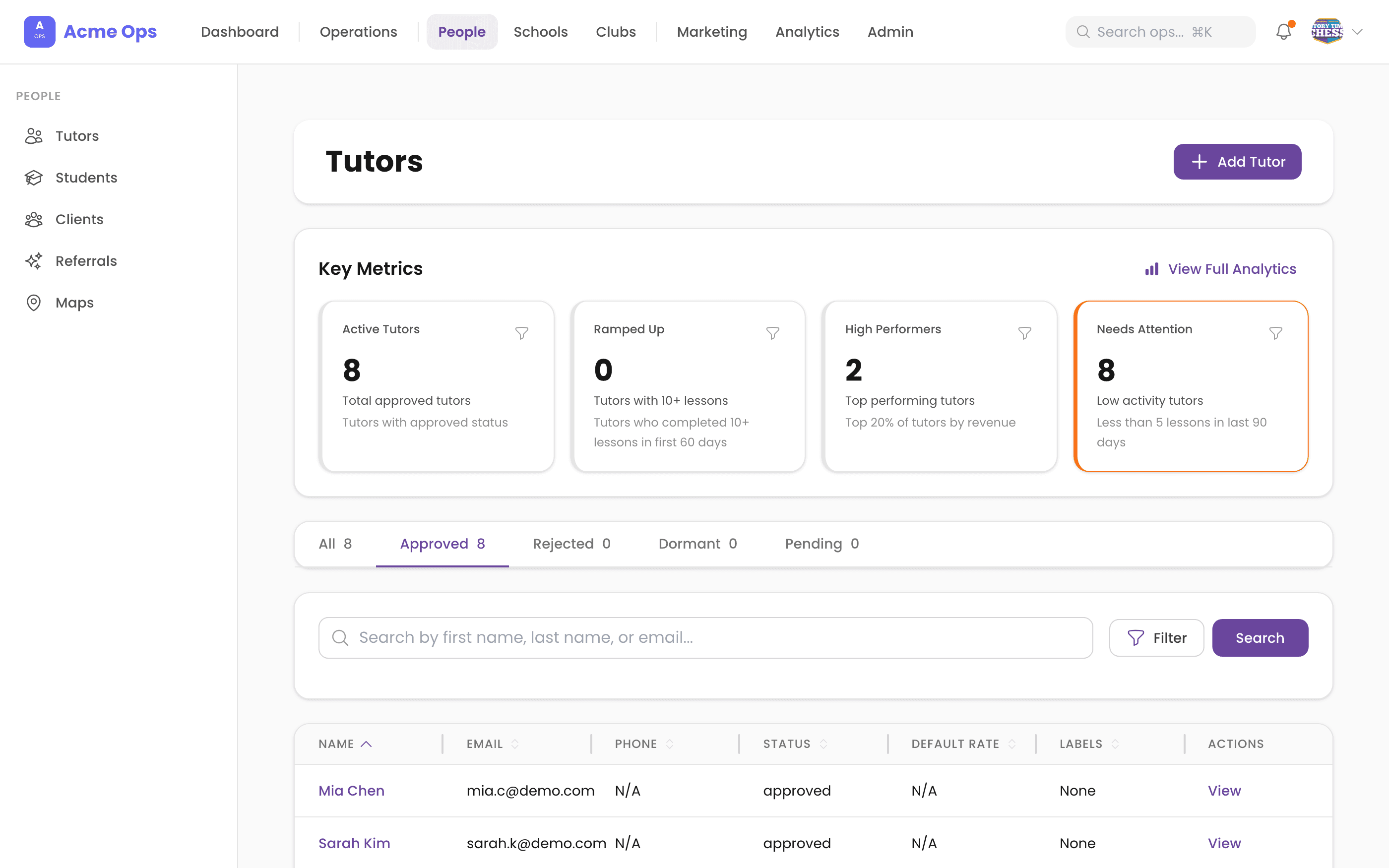Tutors — Workforce metrics, labels, and performance tracking for 8 tutors