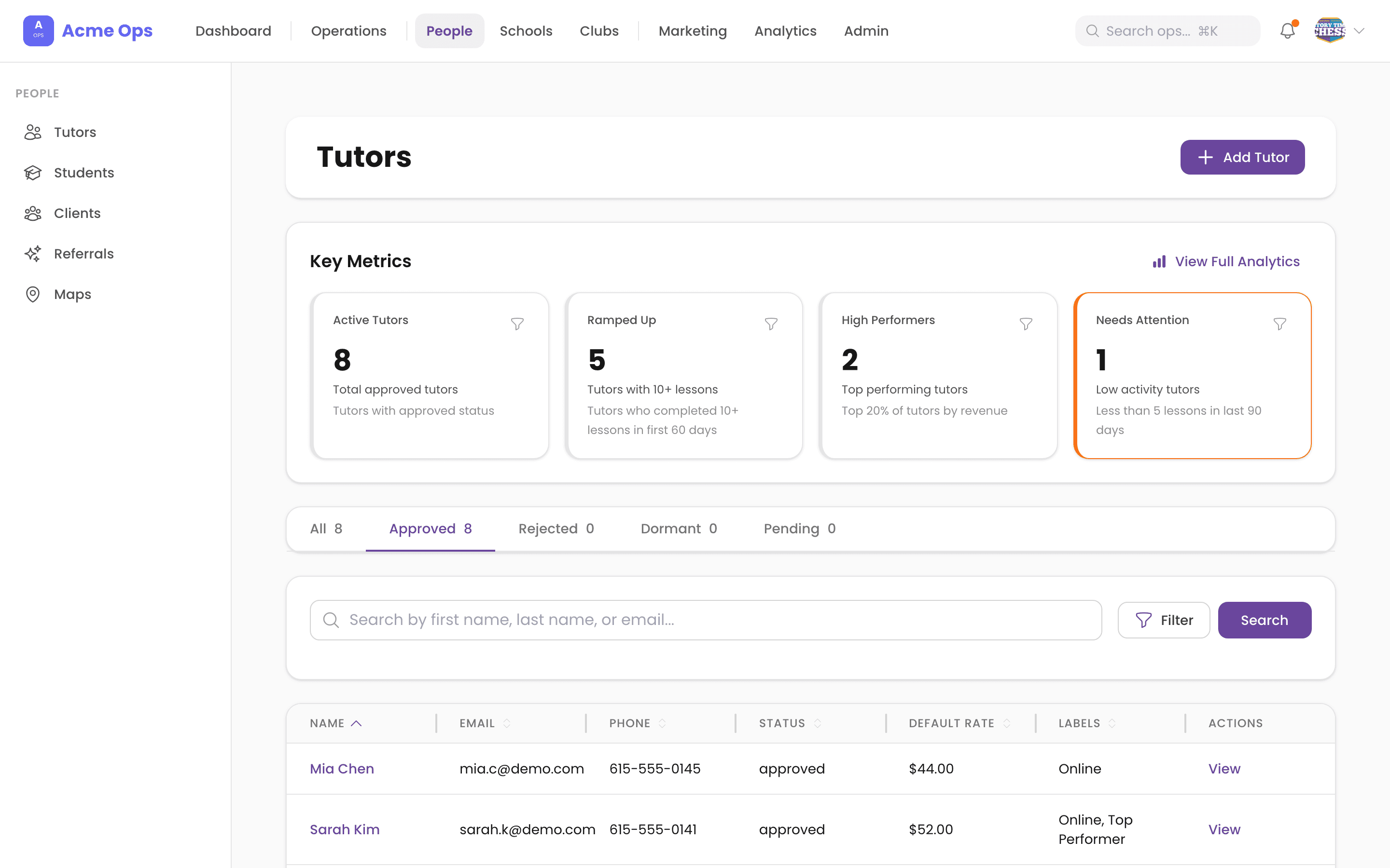 Workforce — tutor metrics, performance tiers, and roster management
