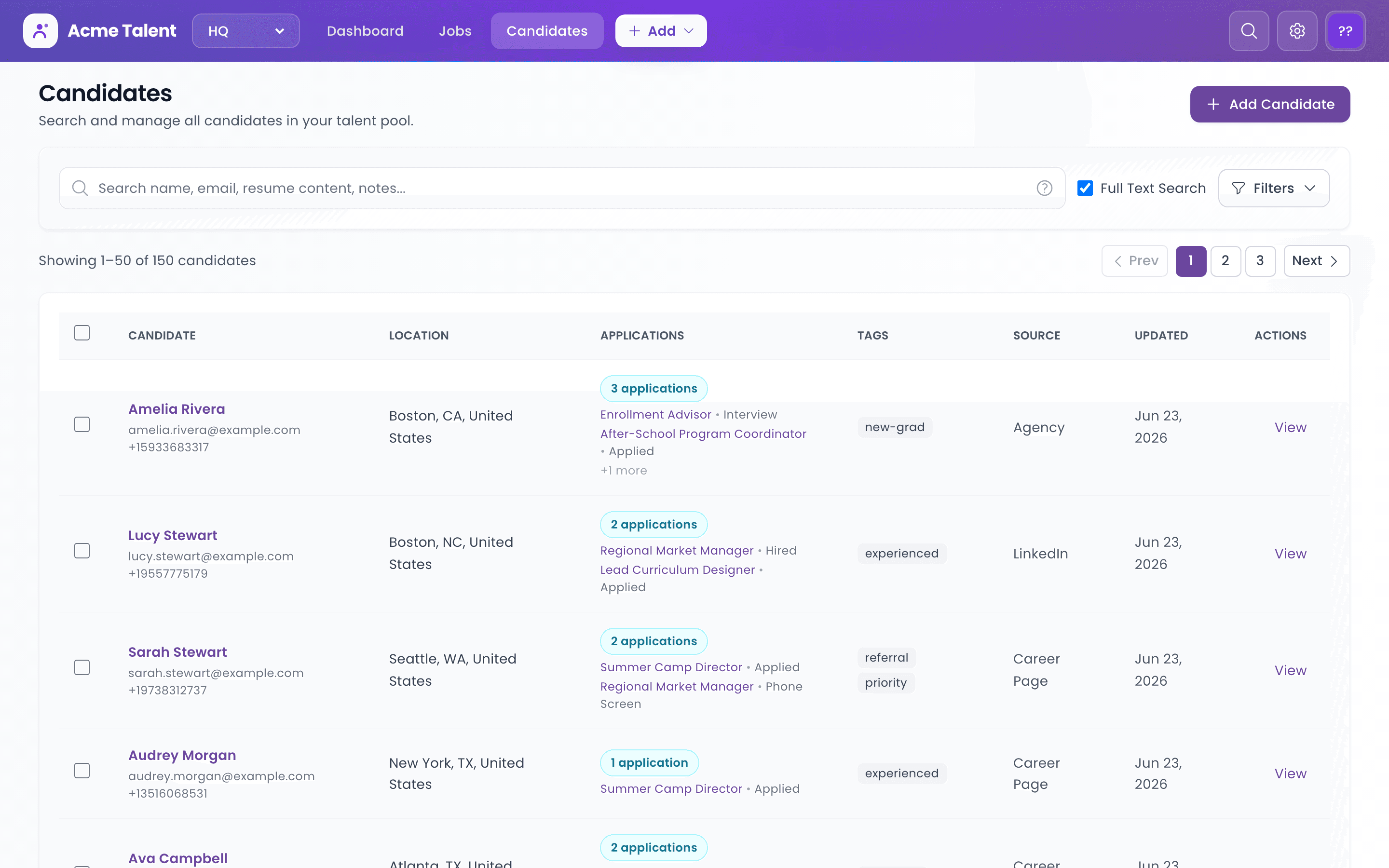 Candidate Pool — AI-ranked applicants scored by semantic fit