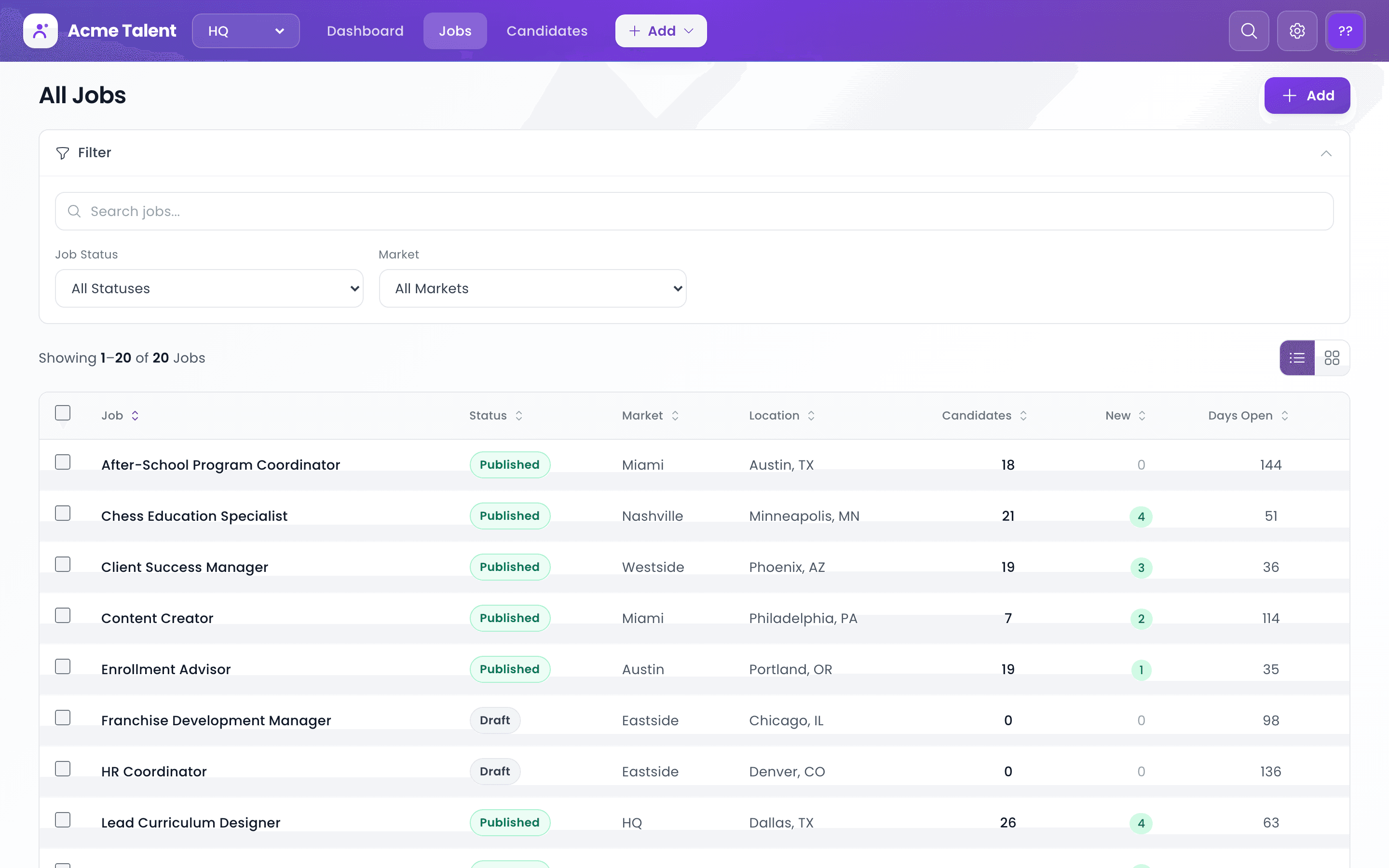 Jobs Board — role management with stage and status tracking