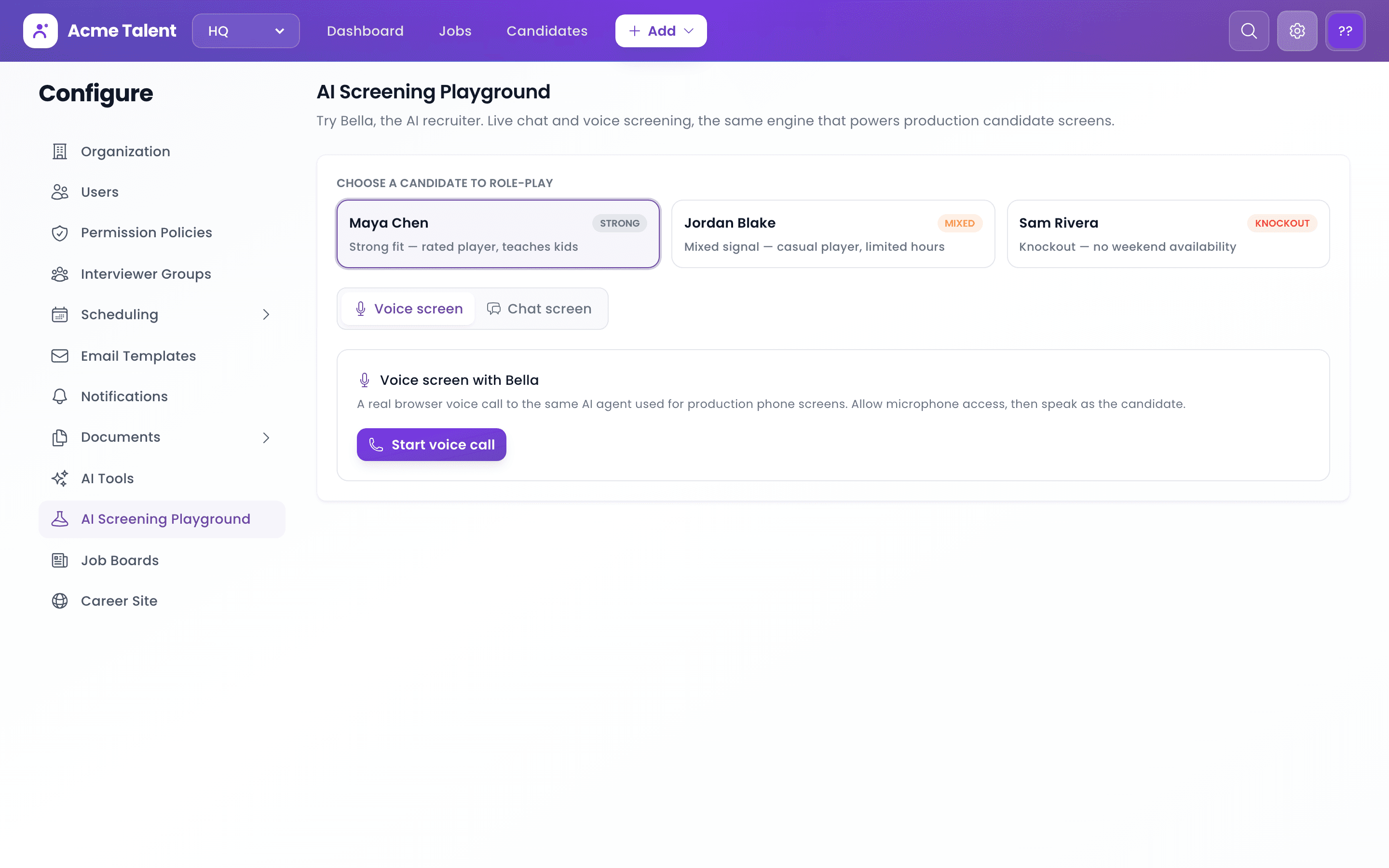 AI Screening Playground — live chat + voice candidate screening with real-time scoring