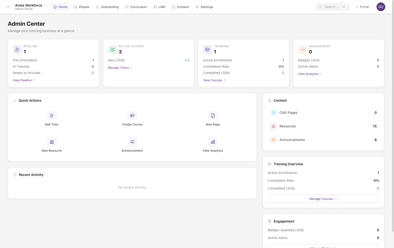 Admin — Operations dashboard with pipeline, training, and engagement metrics