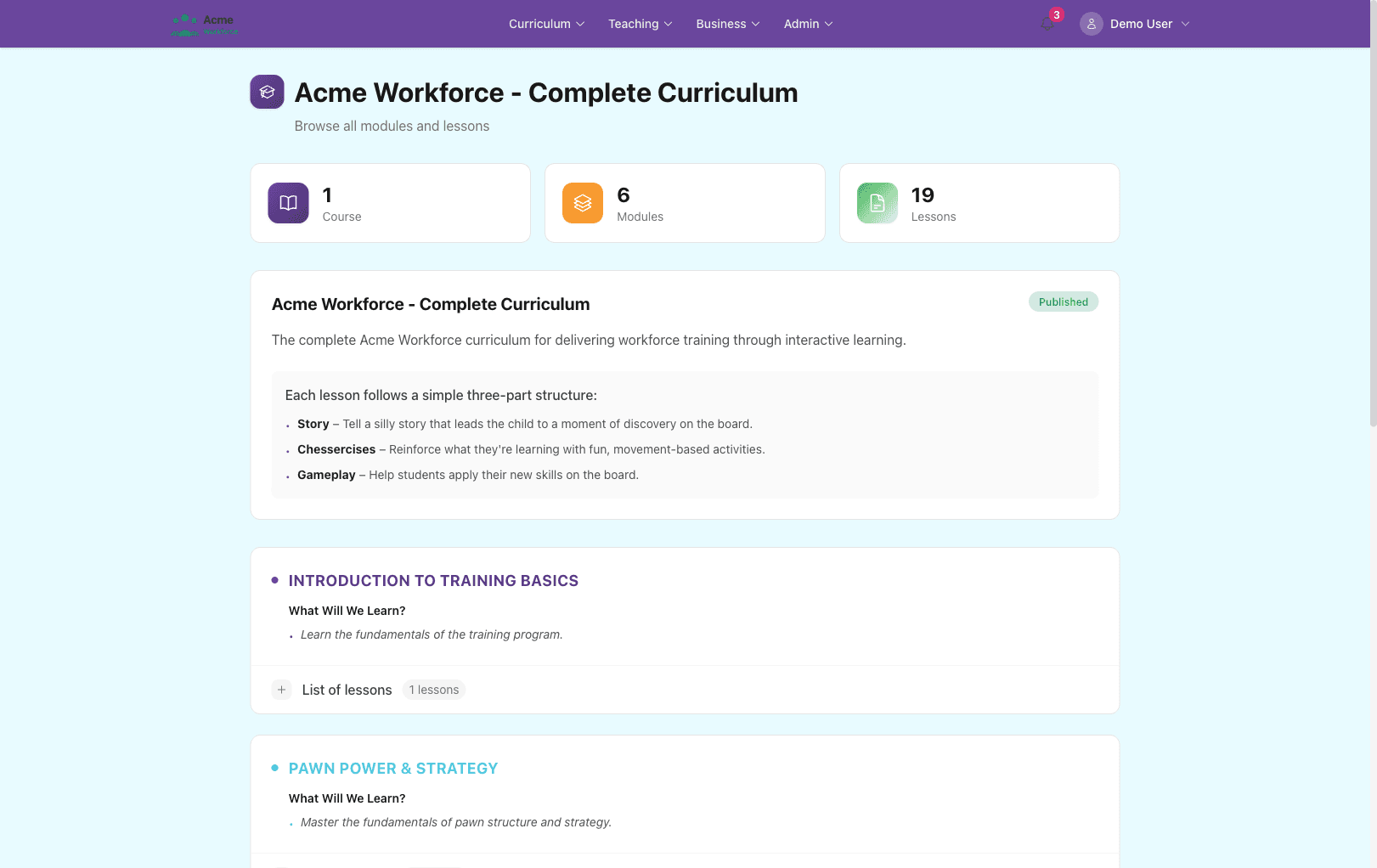 Curriculum — Course browser with modules, lessons, and learning structure