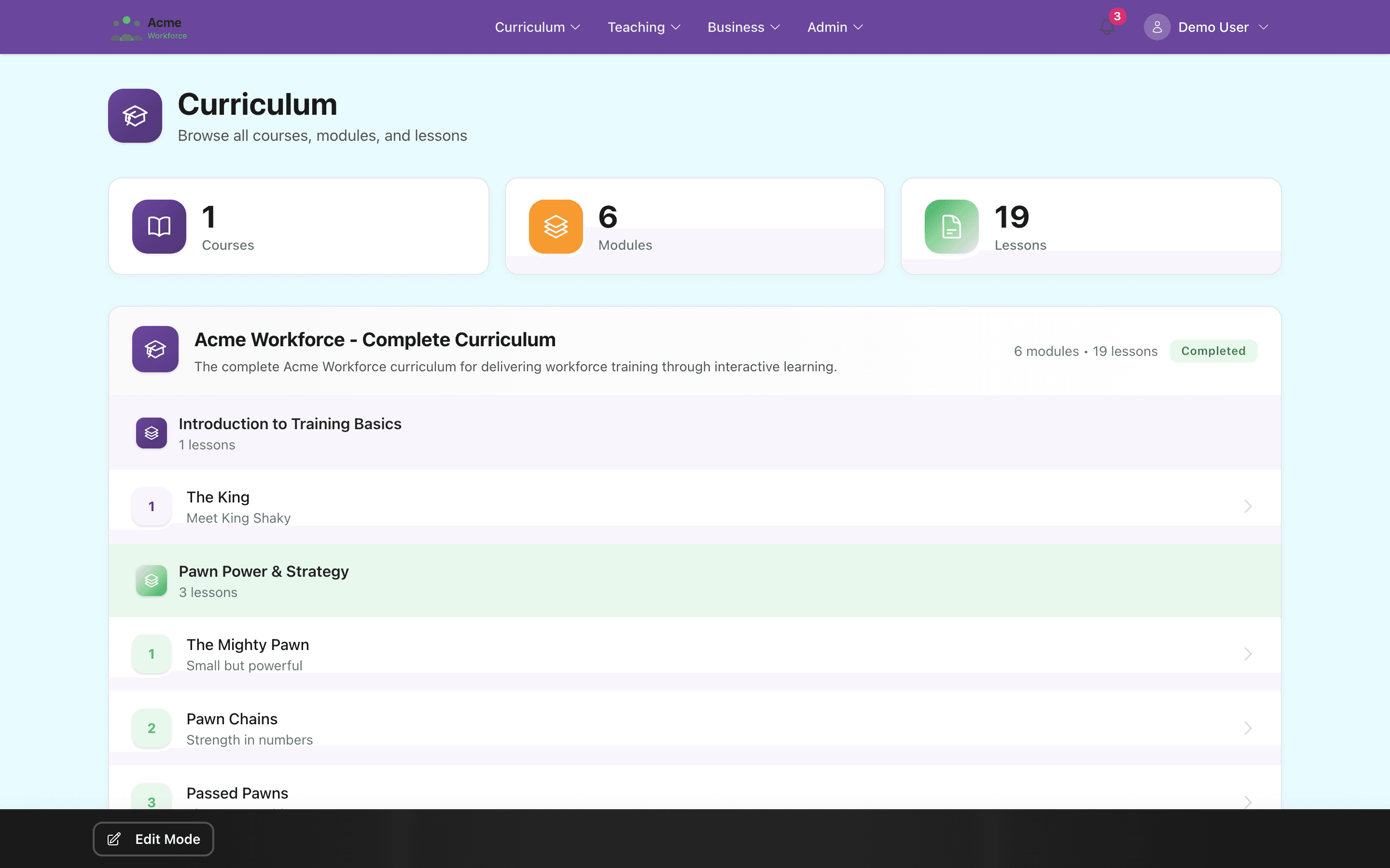 Curriculum — course browser with modules, lessons, and structure