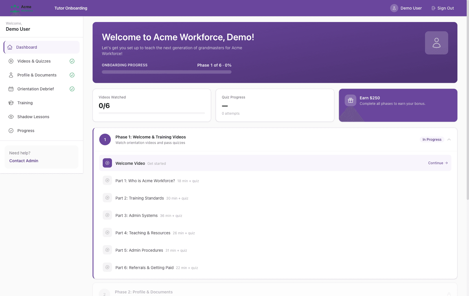 Onboarding — Phased training pipeline with video lessons and quizzes
