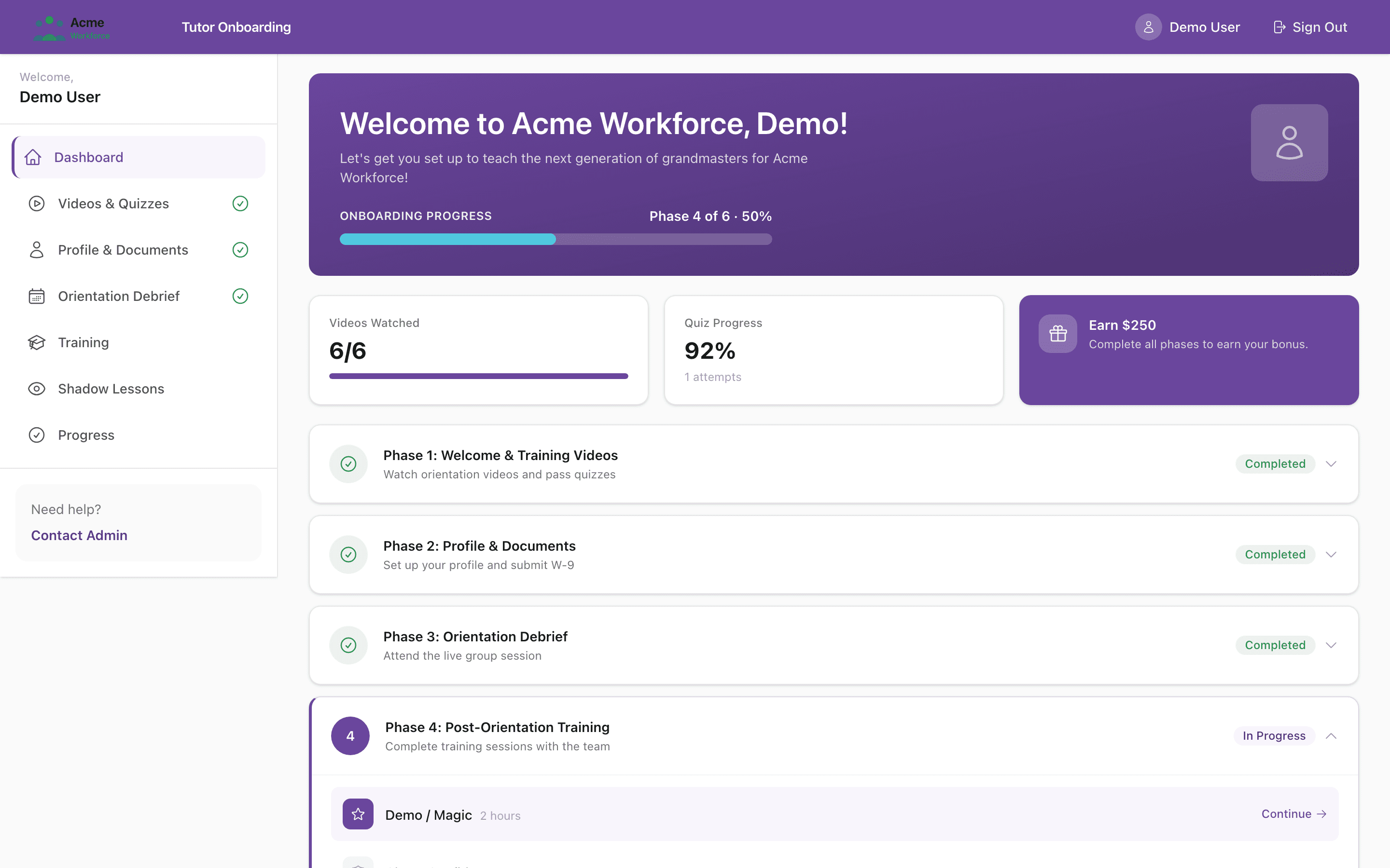 Onboarding — phased training pipeline with video lessons and quizzes